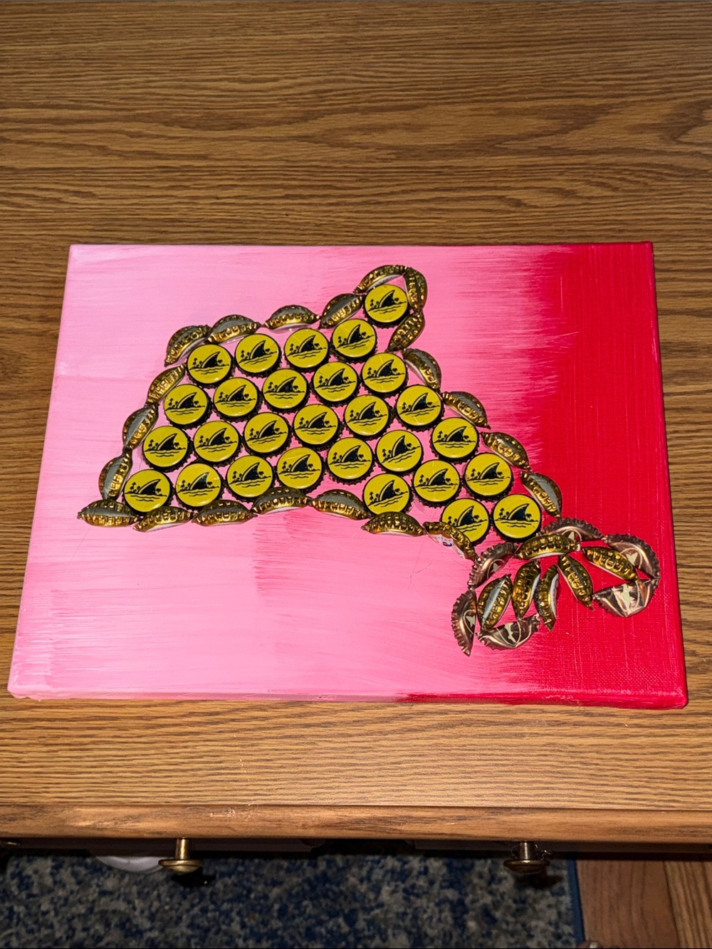 Handcrafted Pink Ombre Canvas Art with Yellow Fin Bottle cap Dolphin Unique